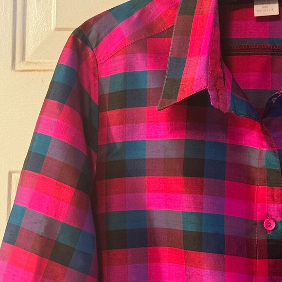 VTG Cactus Flower Sz L Womens Silk Blouse Shirt 3/4 Sleeve Pink/Teal/Black Check - Picture 3 of 9